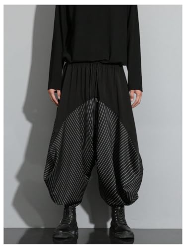 OYOANGLE Men's Striped Harem Pants Drawstring Waist Drop Crotch Hippie Wide Leg Capri Trousers4