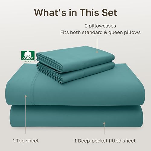 Image of California Design Den 100% Cotton Sheets Full Size Set - Luxury 600 Thread Count Sateen Sheet Sets Full Size Bed with Deep Pockets - Teal Bed Sheets
