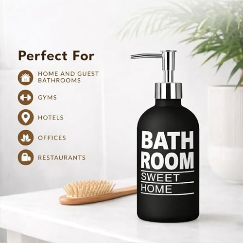 Image of Luxe Home International Bathroom Sweet Home Print Glass Soap Dispenser for Bathroom and Kitchen Sink Leak Proof Liquid Hand Wash Round Bottle Lightweight Smooth Finish (19.5x7.5 cm Black) Pack of 1