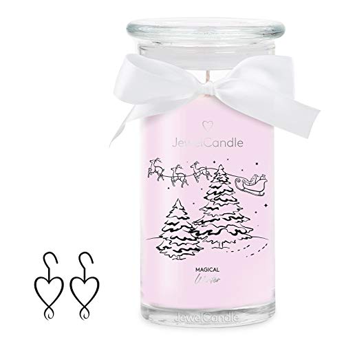 JewelCandle Magical Winter Ohrringe Silber - Schmuckkerze - große Duftkerze mit Frischem Duft - rosae Kerze mit Schmuck Überraschung