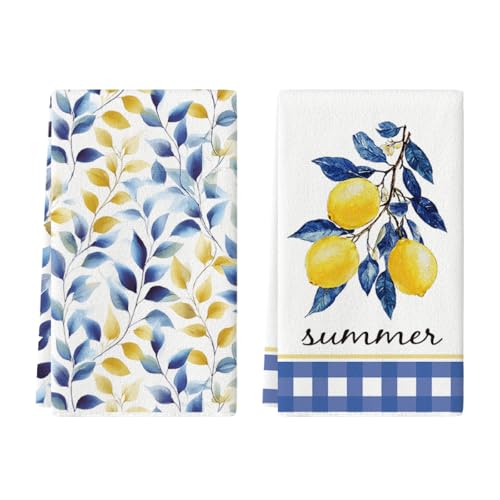 Image of Artoid Mode Lemon Eucalyptus Leaves Flowers Summer Kitchen Towels Dish Towels, 42x65 cm Seasonal Spring Polyester Decoration Hand Towels Set of 2