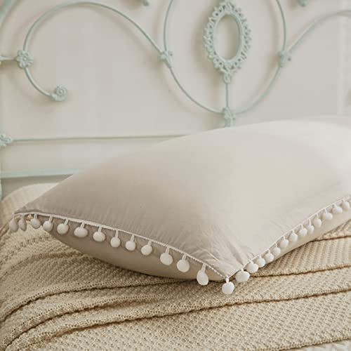 White And Taupe Reversible Pom Pom Comforter Set King Size And Beige Body Pillow Case Bundle #TOP5