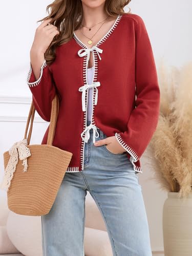 JUYUEO Tie Front Bow Cardigan for Women Trendy Long Sleeve Knit Open Front Sweater Casual Fall Winter Clothes 2026 Red L — view 5