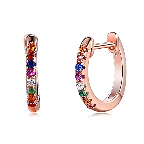 SIMPLGIRL Silber Creolen für Damen, 925 Sterling Silber Kleine Creolen mit Regenbogen Zirkonia, Klein Schlafen Kreolen Huggie Ohrring für Mädchen ( Roségold Plattiert ) Cover