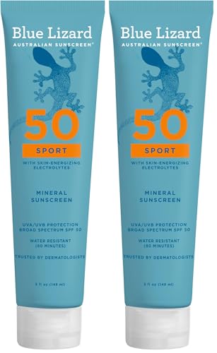 Image of Blue Lizard Sport Mineral SPF 50 Lotion,Ideal for Athletes,100% Mineral Sunscreen Actives,Fragrance-Free,Paraben-Free,Vegan,5 fl oz,(Pack of 2)