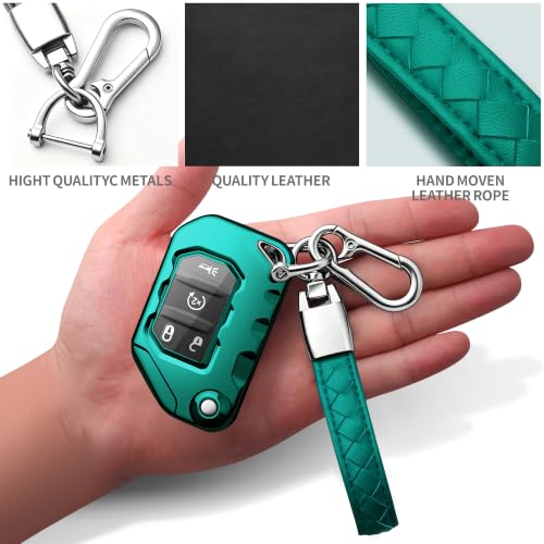 Image of Compatible with Jeep Key Fob Cover with Leather Keychain Soft TPU Protection Key Case for 2018-2026 Wrangler JL JLU Rubicon Wagoneer Gladiator JT Sahara JLU Remote Key (Green)