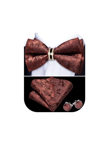 Image of YOHOWA Mens Bow Tie Set Paisley Pre-tied Bowties Adjustable with Handkerchief Cufflinks Gold Ring Set Wedding Prom Party