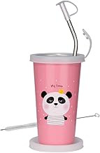 PDDFALCON Stainless Steel Panda Cartoon Print Glass/Tumbler With Steel Straw,Cleaning Brush & Food Grade Cap for Straw, 100% Leak Proof, BIS Certified, Jindal Seal & Made In India- 450ml (Pink)