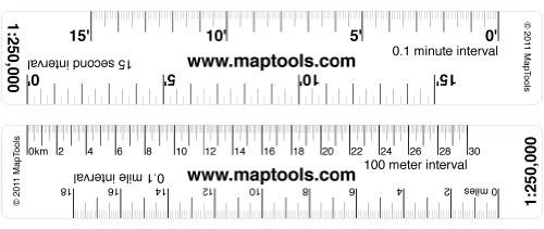 Map Ruler for 1:250,000 Scale Maps. LAT/Lon, Miles, Kilometers