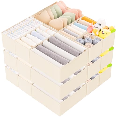 Image of Criusia 15 Pack Drawer Organizer for Clothes, Foldable Dresser Dividers with 3 Sizes, Fabric Storage Bins – Beige