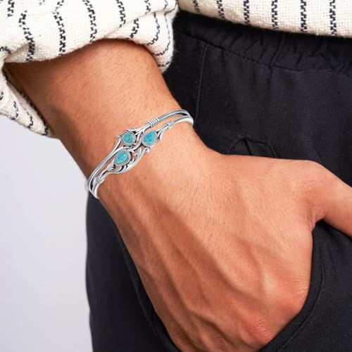 Genuine Turquoise Boho Leaf Bracelet, Sterling Silver Western Adjustable Bangle Cuff Native American Jewelry for Women, Fit for 6.5 7 7.5 Inches2