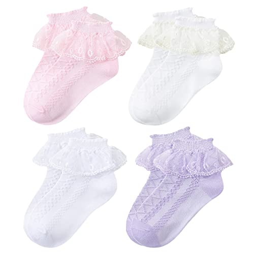 XPXGMT Lot de 4 chaussettes en dentelle à froufrous pour bébé fille Chaussettes scolaires pour tout-petits filles 7-10 ans Cover