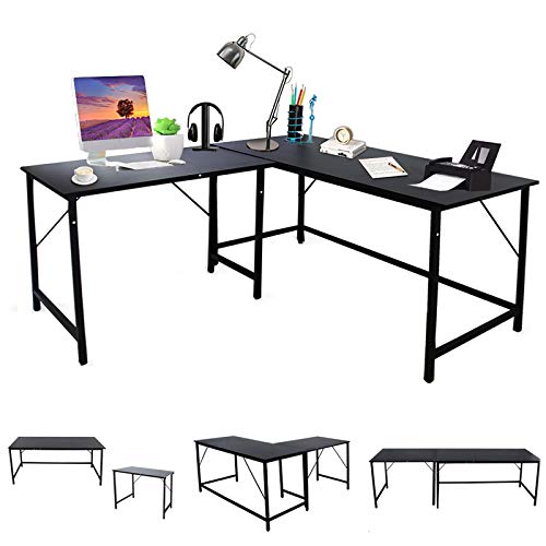 Bizzoelife L Shaped Large Corner Desk 945 Large 2 Person Reversible Corner Table Adjustable Long Desk or Two Gaming Computer Desks Student Tables Writing Workstation for Home Office PC Black