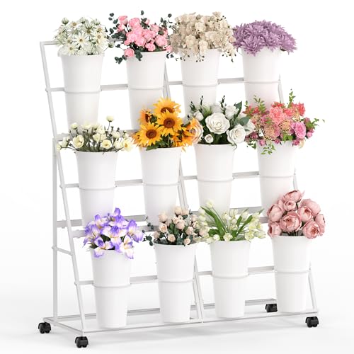 Invech Flower Display Stand with 12 Buckets and Wheels 3 Tier Flower Cart Display Stand for Indoor Outdoor Garden Wedding Flower Shop (White)
