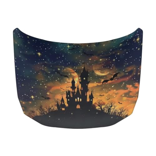 Image of Car Hood Cover Protector Halloween Spooky Castle Print Waterproof Car Hood Wrap Blanket Auto Flag Automotive Halloween Exterior Accessories for Sedans SUVs Pickups Trucks Jeeps