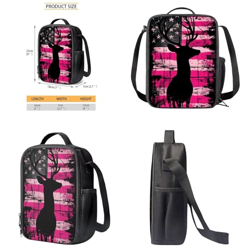 Deer Hunting Girls School Backpack 8-10 Years Old Pink American Flage School Bookbag with Lunch Box Set of 4 School Backpack for Middle School Casual Travel Daypack Rucksack4