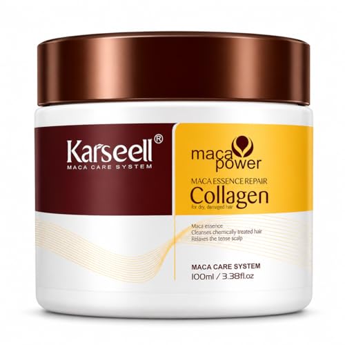 Karseell MACA CARE SYSTEM Mascarilla Capilar Profesional Colágeno Maca Aceite Argán Coco Aguacate Karité Keratina Reparadora Nutritiva Hidratante Antifrizz Tratamiento Pelo Seco Dañado Viaje 100ml