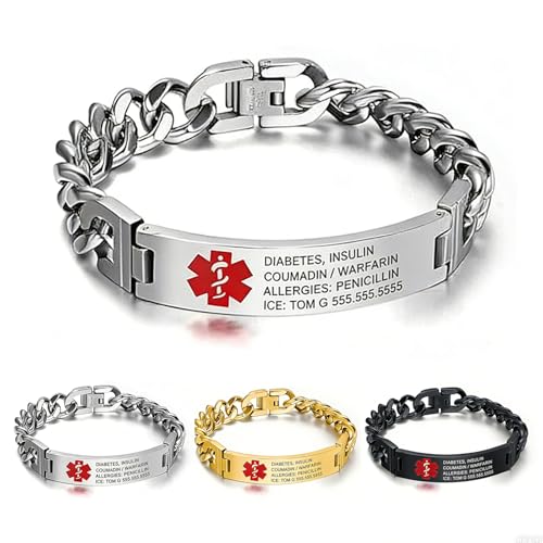Aspokhei Stainless Steel Medical ID Bracelet Custom Engraved Durable & Comfortable Emergency Alert for Men Women Adjustable 7.5-9.5 Inches (Silver-7.5 inches for women)