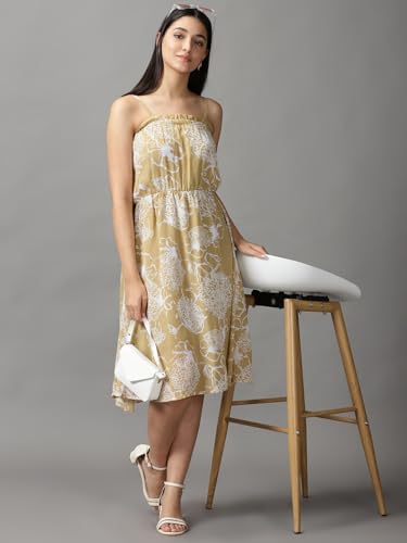 Image of SHOWOFFFF Women Floral Fit and Flare Casual Dress | Shoulder Straps Sleeveless Georgette Dress for Womens | Knee Length Dress for Women's