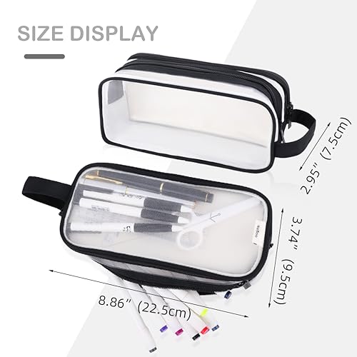 Image of Oyachic 2 Compartment Pencil Case Clear Mesh Pen Pouch Grid Makeup Cosmetics Bag Transparent Marker Organizer Office Business Travel Adults,black