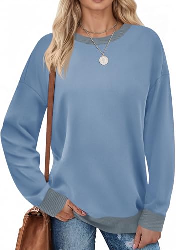 Fisoew Damen Sweatshirts Farbblock Rundhals Langarmshirt Casual Langarm Oberteil mit Gerippt Saum Blau L