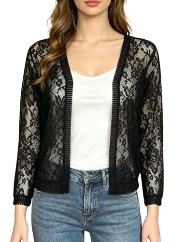 Image of FindThy Women's Casual Summer Lace Cardigan Open Front 3 /4 Sleeve Solid Lace Shrug Cover Up