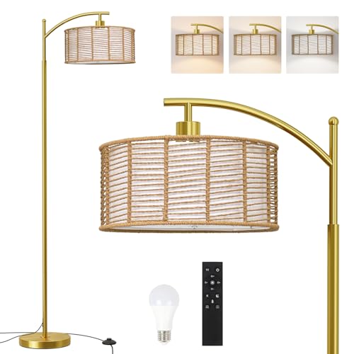 Oneach 62.5'' Gold Arc Floor Lamp for Living Room, Rattan
