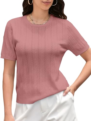 DAIMIDY Women's Short Sleeve Sweaters Hollow Out Summer Sweater Lightweight Cable Knit Pullover Tops