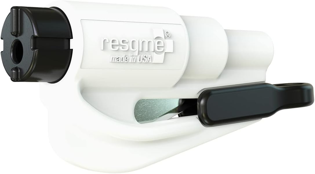 RESQME The Original Emergency Keychain Car Escape Tool, 2-in-1 Seatbelt Cutter and Window Breaker, Made in USA, White- Compact Emergency Hammer