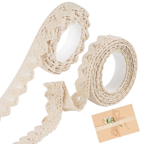 3.6 Meter Spitzenband Selbstklebend, 2 Rollen Beige Zierband, Vintage Dekoband, Baumwolle Spitze-Borten, Spitze Zierband, Ornamente zum Aufkleben, Spitzenband, für DIY, Handwerk(Breite 1.6cm)