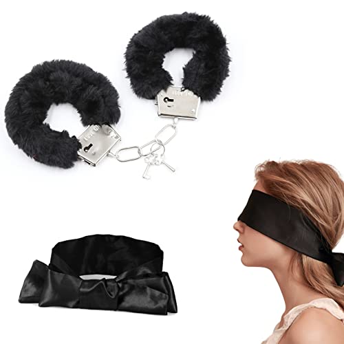 Metal Handcuffs with 2 Keys Satin Blindfold Fluffy Handcuffs Play Cosplay Costume Props for Cosplay Handcuffs Prop Dress Ball Party (Red) (Black)