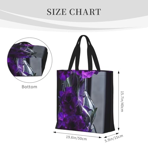 (Purple Flower) Large Reusable Tote Bag For Women Foldable Washable Shoulder Bag For Shopping Beach Travel Gym Work4