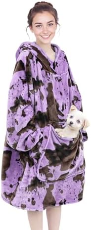 cow print Purple Wearable Blankets for Women - Purple Gifts for Mom Girlfriend, Oversized Cozy Flannel Fleece Blanket Hoodie with Hood Pocket & Sleeves