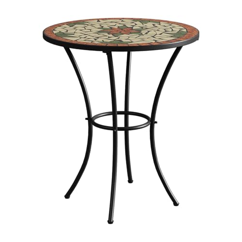 Warmiehomy Mosaic Garden Table Natural Stone Style Outdoor Bistro Table 60cm Round Patio Table with Ceramic Tile Top & Metal Frame Small Outdoor Table Side Table for Garden Balcony Yard Indoor
