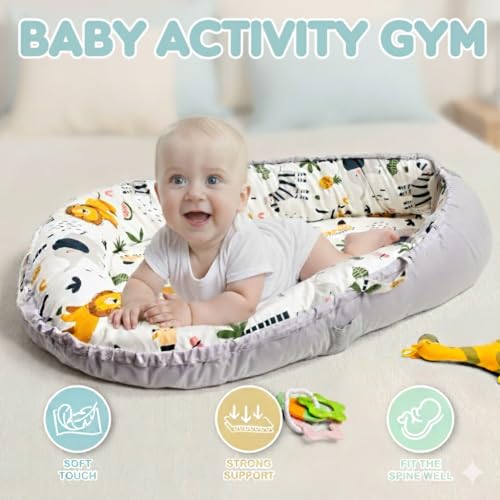 Image of Baby Lounger and Activity Center - Infant Nest for Newborns 0-12 Months - 100% Cotton Soft Breathable Cover, Portable Washable Tummy Time Pillow, Shower Gift Registry Essential Newborn Boys