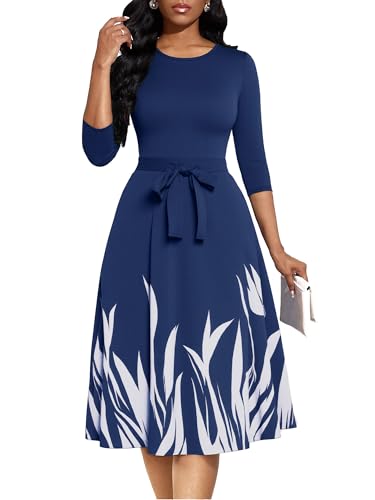 Image of Casual Dresses for Women Midi Church A-Line Fit and Flare Dress Crewneck 3 /4 Sleeve Party Dress