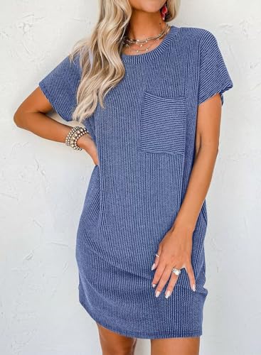Image of Acelitt Womens Casual Summer Crewneck Short Sleeve Ribbed Mini Tshirt Dress, XS-3XL