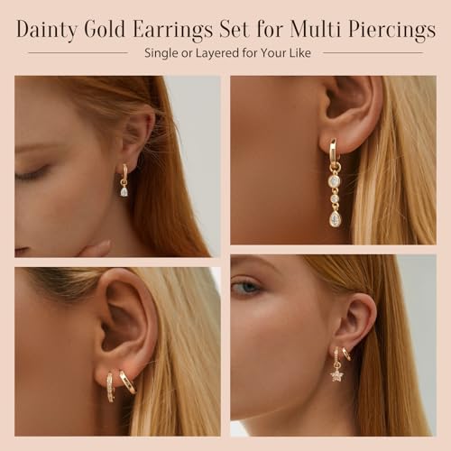 14K Gold Plated Huggie Earrings and Charm Set for Women |Mix and Match Earring Pack with Cubic Zirconia Star Heart Flower Bow Small Hoop Earrings with Charms3
