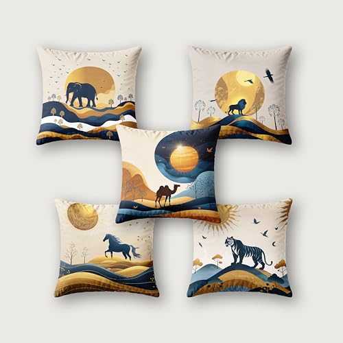 Image of Ultimate Trends Digital Printed Soft Cotton Feel Polyester Decorative Cushion Cover, Modern Eligent Designs, Heavy Long Life Fabric,24 inch X 24 inch Set of 5,Wild Brown Blue