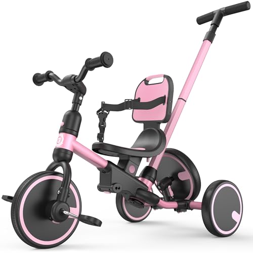 besrey 5-in-1 Toddler Tricycle with Push Handle, Grow with Me Kids Trike for 1-3 Years, Balance Bike & Tricycle, Adjustable Parent Steering, Safety Seat with Backrest