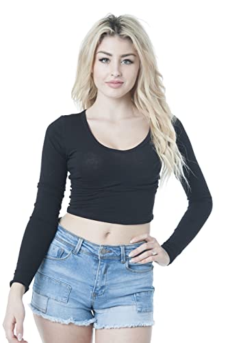 Khanomak Women's Basic Long Sleeves V Neck Fitted Crop Top T Shirt (Black, Large)