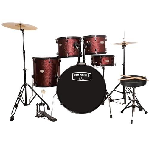Image of ARCTIC COSMOS 5 Piece Acoustic Drum Set, 22 Inch Full Size Drum Kit with Cymbals, Drum Throne, Hardware & Sticks Complete Drum Set for Beginners, Adults & Professional Drummers (Red)