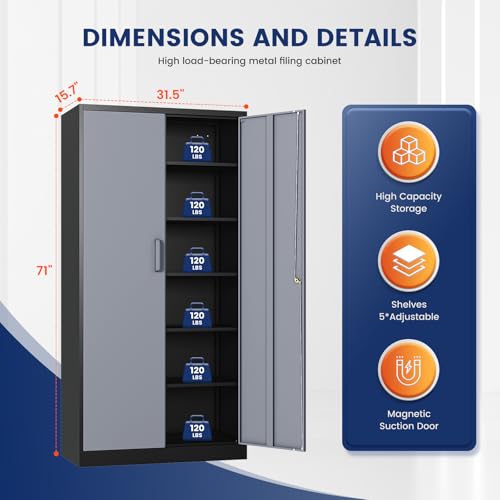 Image of Yizosh Metal Garage Storage Cabinet with 2 Doors and 5 Adjustable Shelves - 71 inch Steel Lockable File Cabinet,Locking Tool Cabinets for Office,Home,Garage,Gym,School (Gray Black)