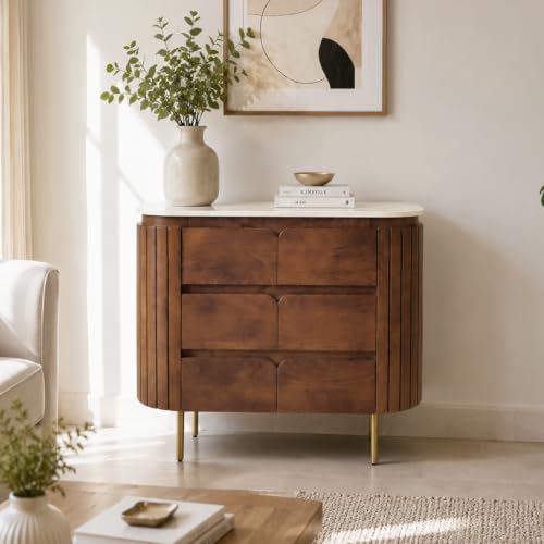 Image of The Attic Carlston 3 Drawer Chest, Multipurpose Cabinet for Kitchen and Living Room Storage, Classy Chest of Drawers, Solid Mango Wood, Provential Teak Matte Finish