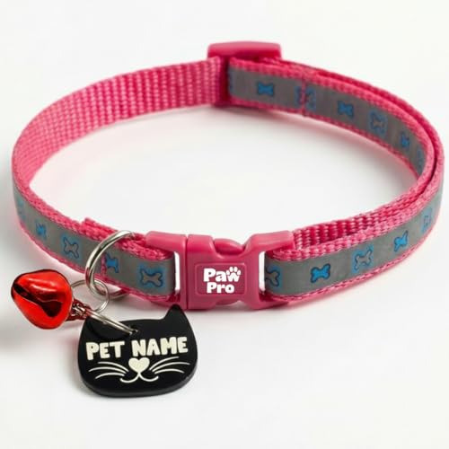 Image of PAWPRO HANDMADE Reflective Cat Collar with Custom ID Tag - Adjustable Collar with Bell for Cats & Small Dogs - Personalized Name Tag (Cotton Candy)