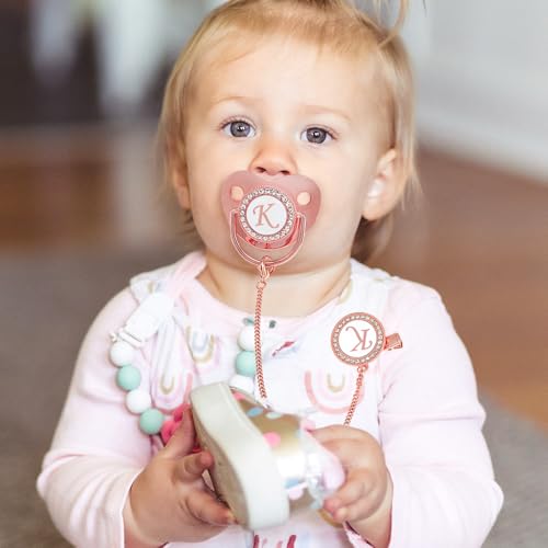 Image of Bling Personalized Pink Baby Pacifier with Pacifier Clips and Anti-dust Cover A-Z 26 Letters(Pink,K)