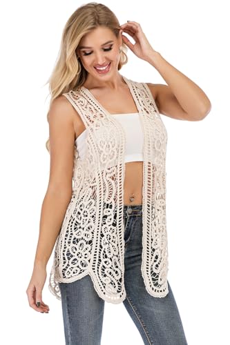 GLEAMISS Women's Crochet Vest Open Stitch Hippie Cardigan Sleeveless Boho Cover Up4