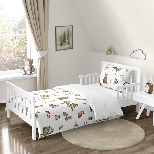 Image of Sweet Jojo Designs Woodland Forest Animals Boy Girl Gender Neutral Toddler Bedding Set Kids 5p Bed in a Bag Comforter Blanket Pillowcase Sham Sheets Animal Friends Green Grey Brown Bear Fox Hedgehog