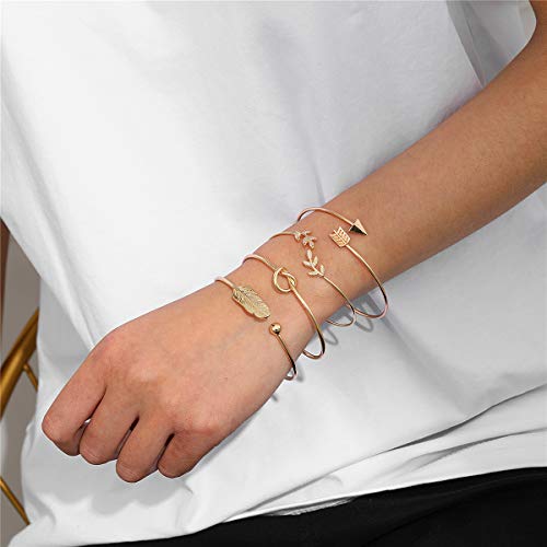 Starain 4Pcs Rose Gold Bracelets for Women Simple Leaf Arrow Feather Knot Heart Bangle Bracelet Adjustable Cuff Bracelet Set3