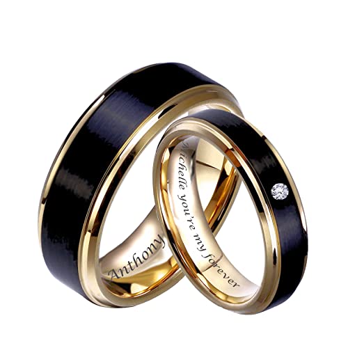 Personalized Beveled Black & Gold Ring Set Custom Engraved Free In Any Language - His & Hers Couple's Ring Set - Wedding Band Set - Ships from USA2